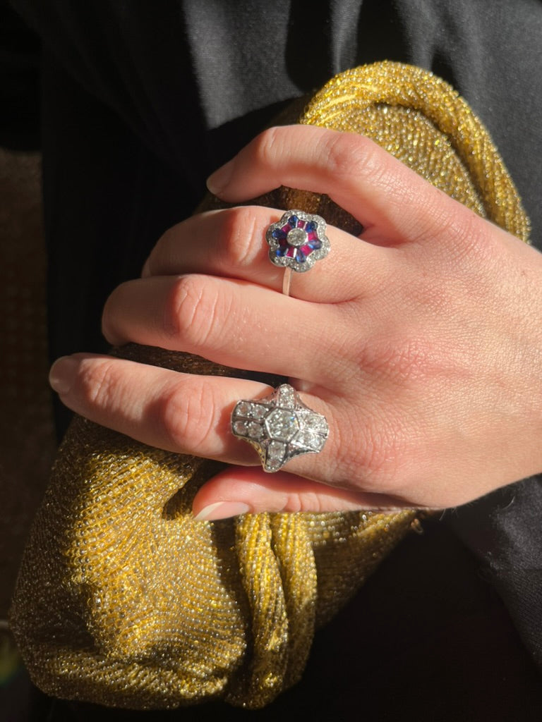 Antique Edwardian Sapphire, Ruby & Diamond Platinium Ring