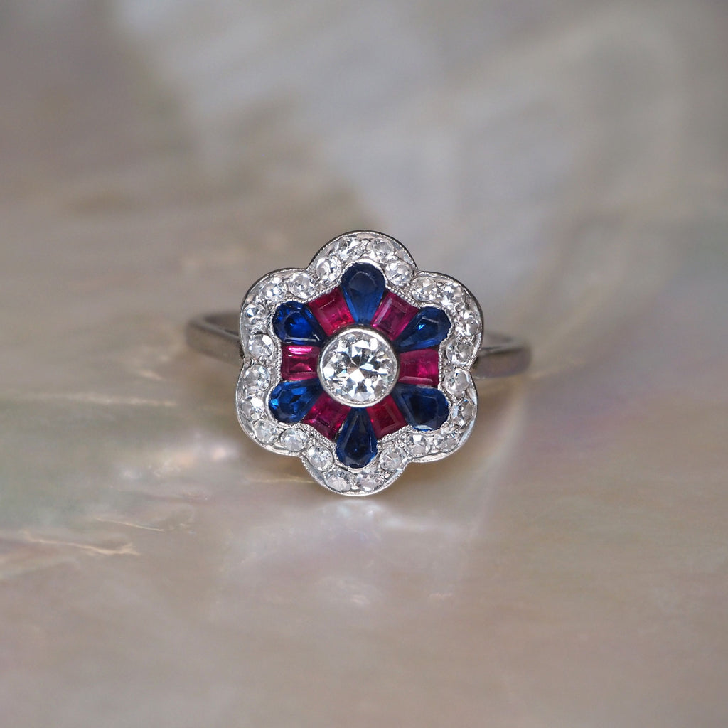 Antique Edwardian Sapphire, Ruby & Diamond Platinium Ring