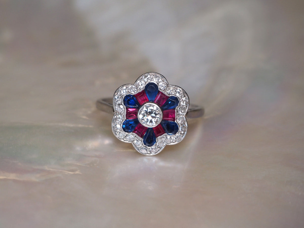 Antique Edwardian Sapphire, Ruby & Diamond Platinium Ring