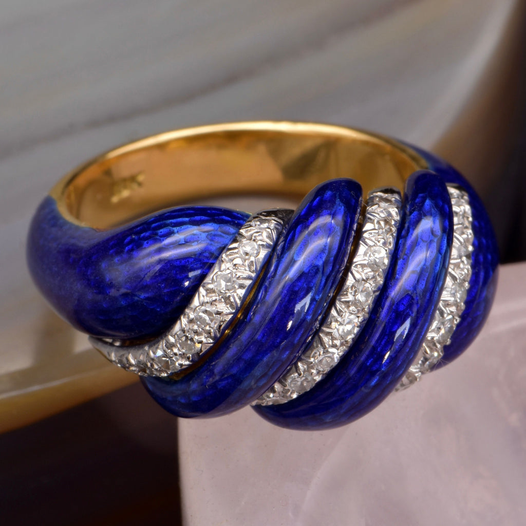 Antique Blue Enamel, Diamond and 18 Karat Gold Ring