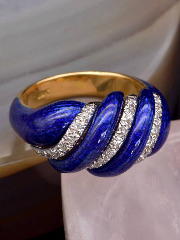 Antique Blue Enamel, Diamond and 18 Karat Gold Ring