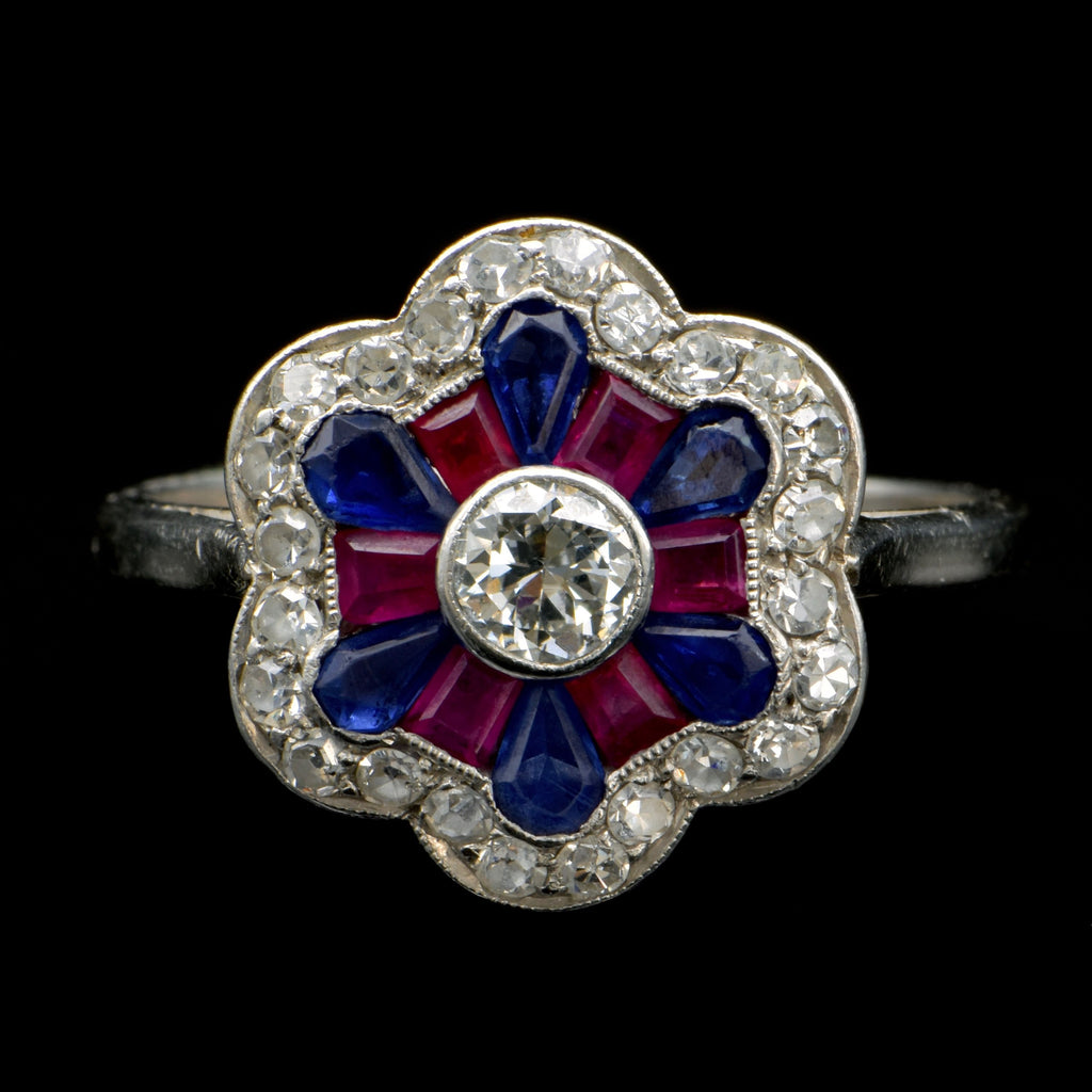 Antique Edwardian Sapphire, Ruby & Diamond Platinium Ring