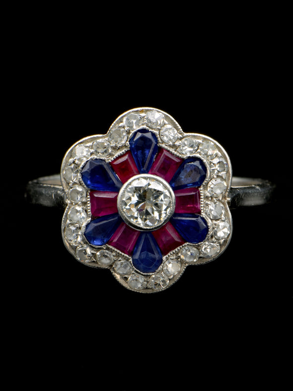 Antique Edwardian Sapphire, Ruby & Diamond Platinium Ring