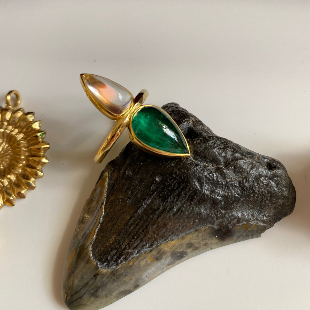 Colombian Emerald Cabochon and Moonstone Ring