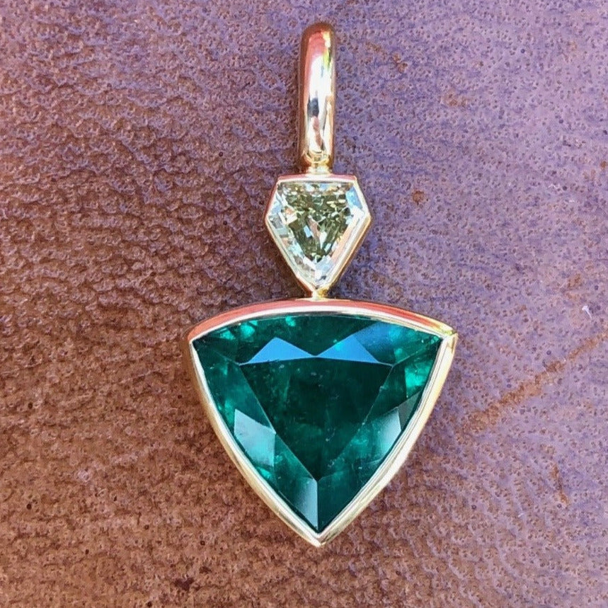 Shield Colombian Emerald and Fancy Yellow Diamond Pendant