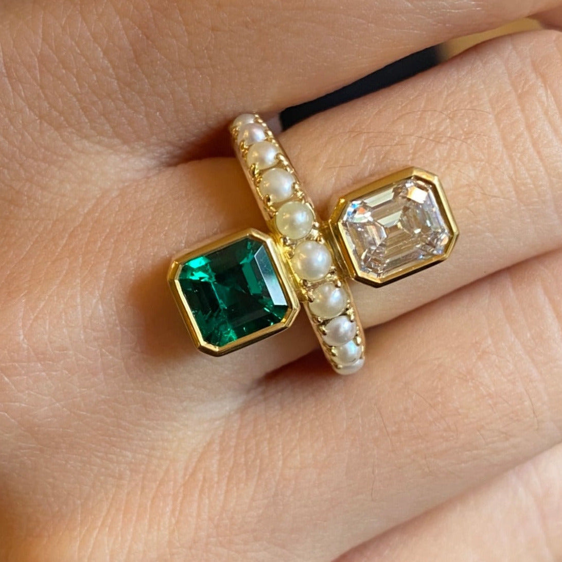 Colombian Emerald (No Treatment), Basra Pearl and Antique Type 2a D/IF Diamond Ring