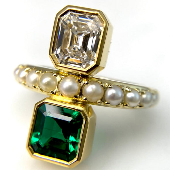 Colombian Emerald (No Treatment), Basra Pearl and Antique Type 2a D/IF Diamond Ring