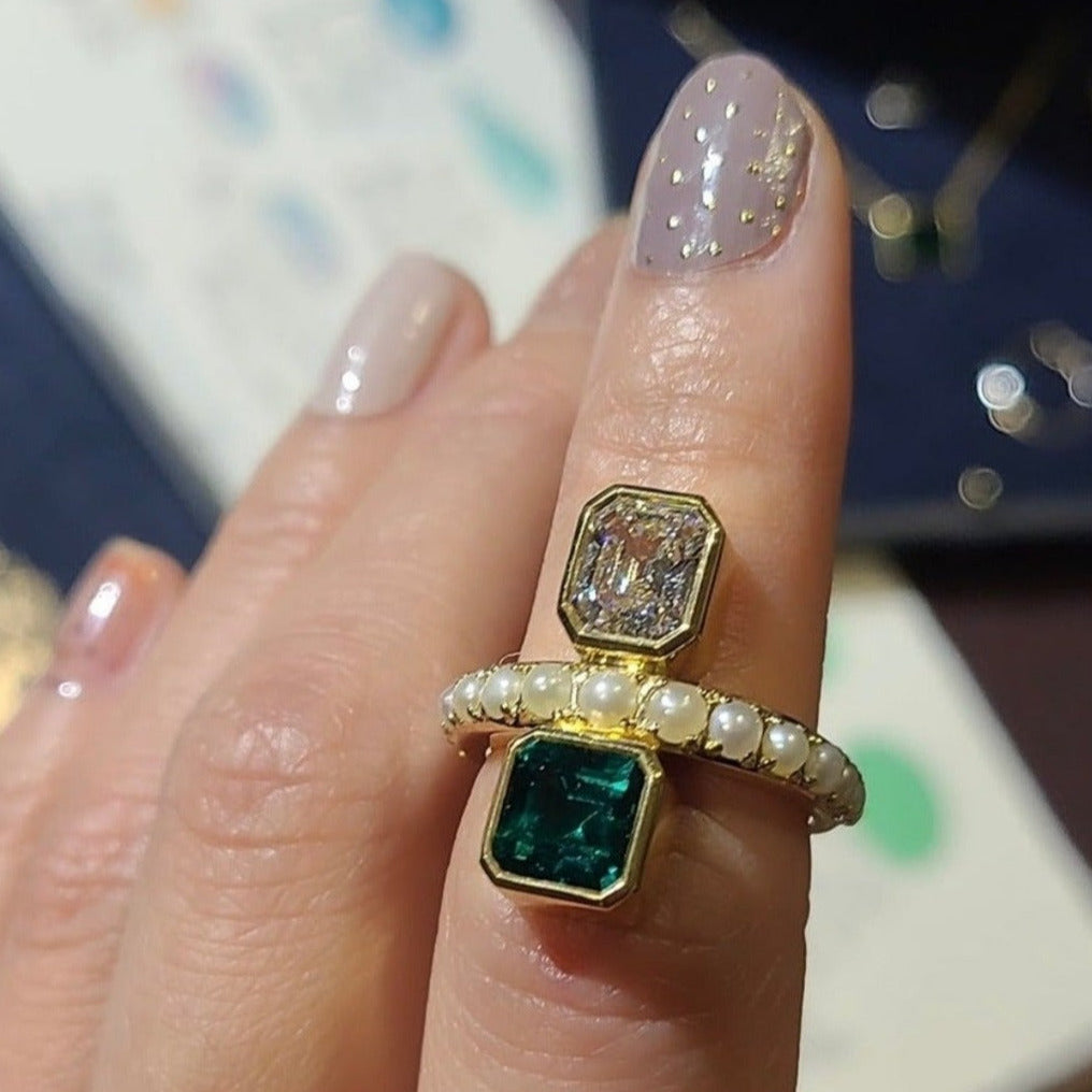 Colombian Emerald (No Treatment), Basra Pearl and Antique Type 2a D/IF Diamond Ring
