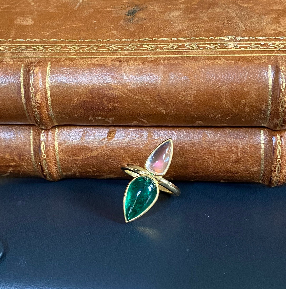 Colombian Emerald Cabochon and Moonstone Ring