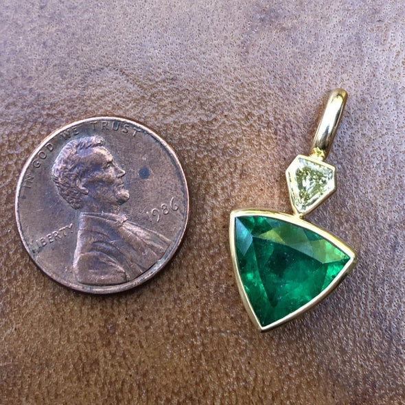 Shield Colombian Emerald and Fancy Yellow Diamond Pendant