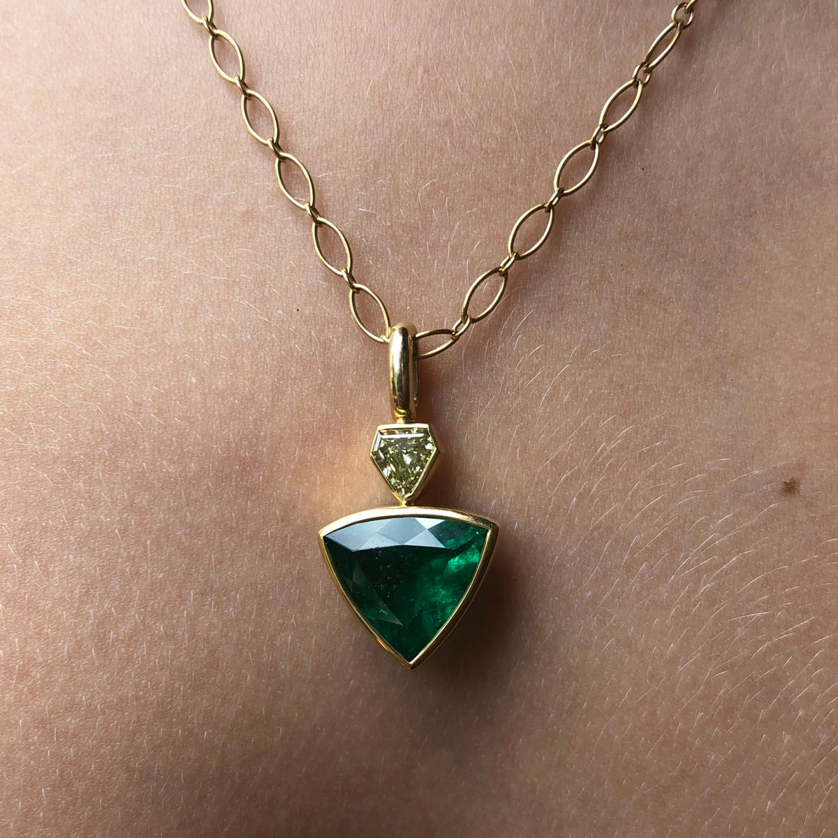 Shield Colombian Emerald and Fancy Yellow Diamond Pendant